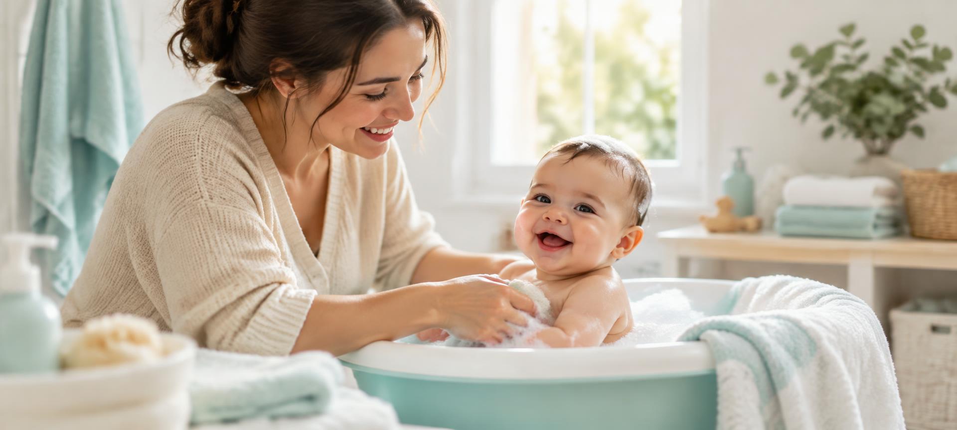 A mother gently bathing her happy baby surrounded by soft towels
